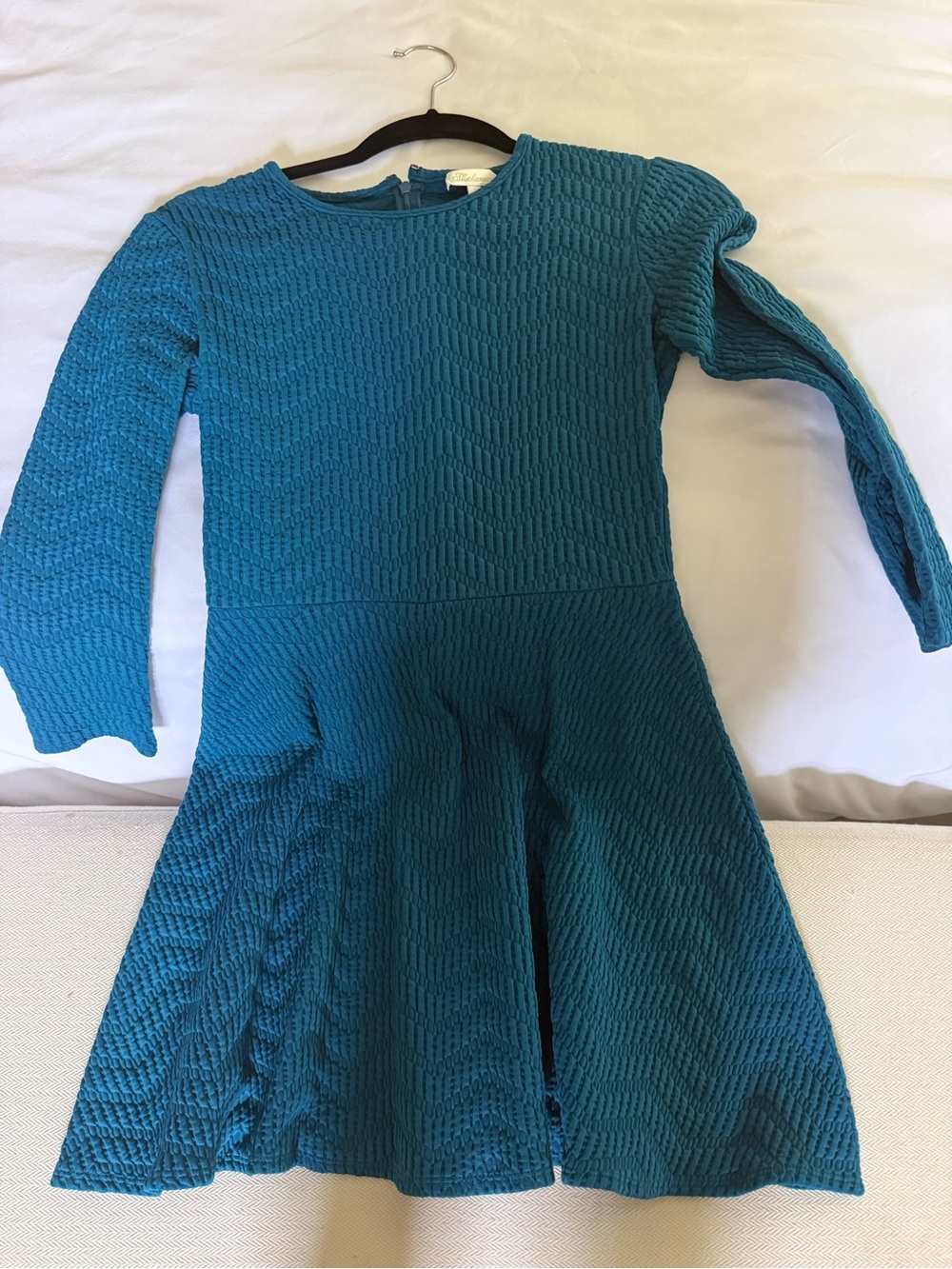 Shoshanna Teal Textured Long-Sleeve Fit-and-Flare Dress
